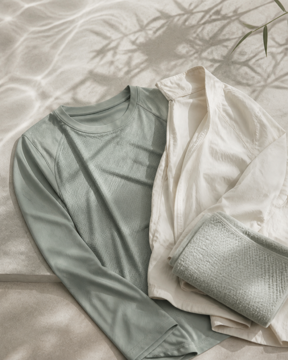Muted jade training top with an ivory outer layer