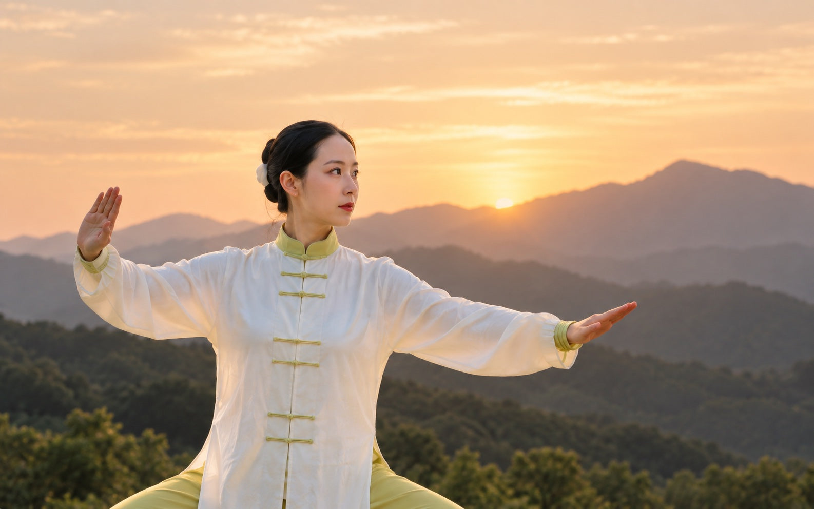 RUYI TAICHI instructor practicing in front of a warm mountain landscape
